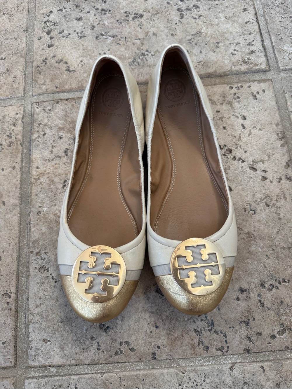 Tory Burch Minnie Ivory Leather Ballet Flats with Gold Toe Medallion